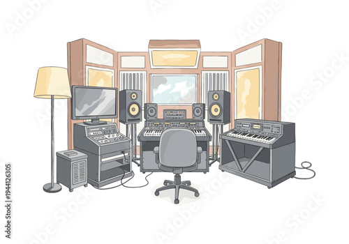 Illustration of a modern home recording studio setup with synthesizers and monitors