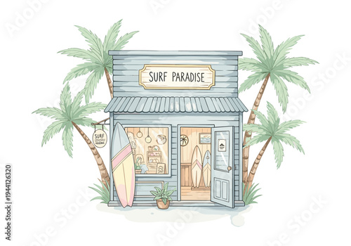 Charming surf shop called "Surf Paradise" with palm trees and surfboards displayed outside