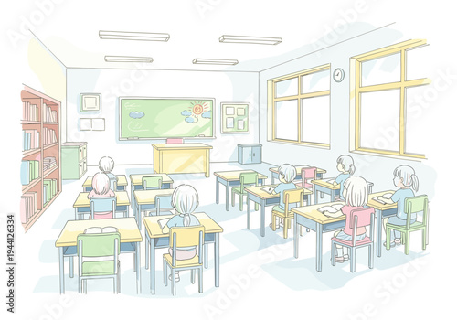 Children learning in a bright, colorful classroom with desks and a teacher's podium