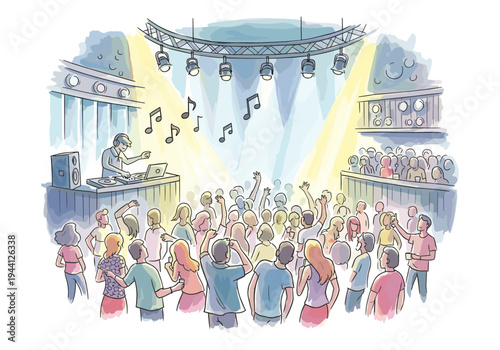 DJ playing music for a crowd of people dancing and enjoying the concert