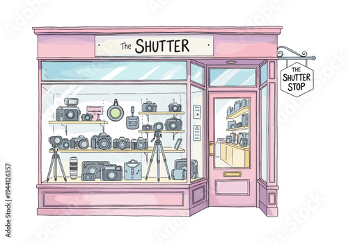 Charming illustration of a camera shop storefront with a display of vintage and modern cameras