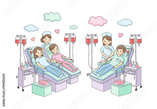 Cute cartoon nurses assist donors during blood donation sessions in a cheerful clinic setting
