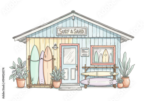 Charming surf shop with colorful surfboards displayed outside