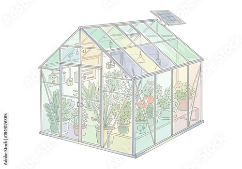 Modern greenhouse with solar panel and automated systems for growing plants indoors