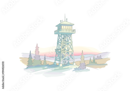 Illustration of a fire lookout tower in a serene natural landscape at dawn