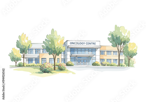 Modern oncology centre building exterior with trees and landscaping in a watercolor illustration style