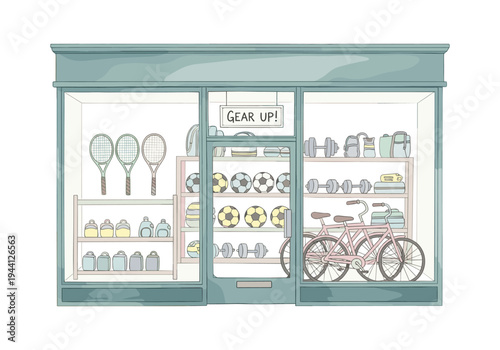 Sports equipment store window display with rackets, balls, weights, and bicycles