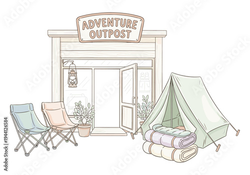 Adventure Outpost store exterior with camping gear and seating
