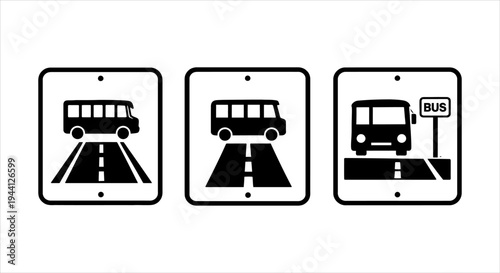 Monochromatic bus transport icons depicting urban routes and passenger stops