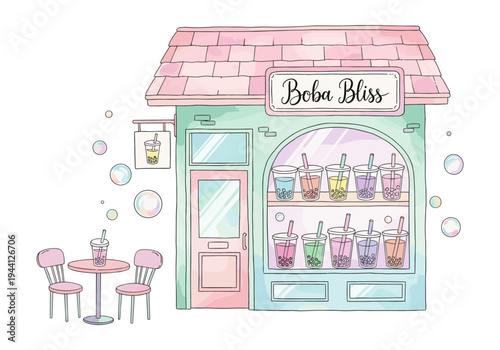 Charming pastel boba tea shop exterior with colorful drinks and outdoor seating