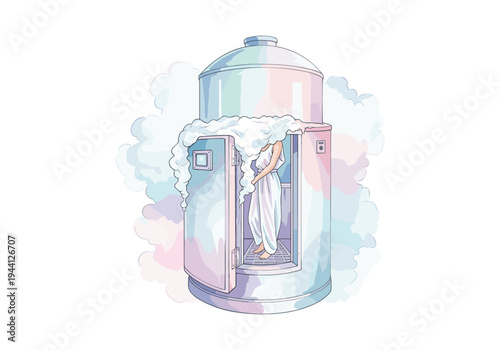 Woman in white dress inside a cryotherapy chamber with steam or mist swirling around