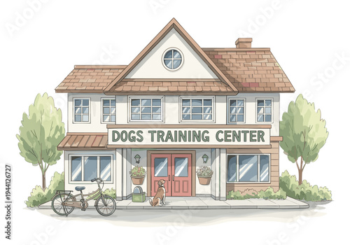 Charming illustration of a dogs training center building with a bicycle and a dog outside