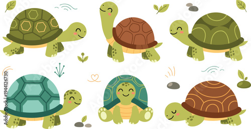 Cute Turtle Cartoon Vector Collection Featuring Adorable Tortoises Walking, Smiling and Sitting with Shell Patterns, Leaves, Stones and Nature Elements.