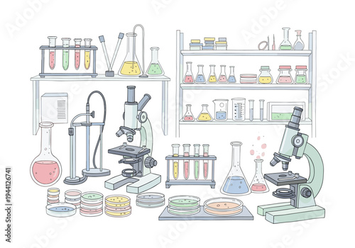 Illustration of a science laboratory with microscopes, beakers, and test tubes on shelves and tables