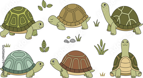 Cute Tortoise Turtle Cartoon Vector Set Featuring Adorable Turtles Walking, Crawling and Sitting with Shell Patterns, Grass, Leaves and Nature Elements.