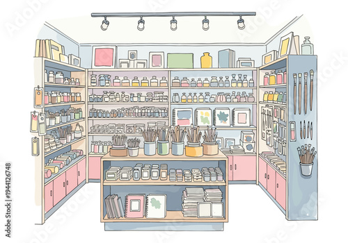 Cozy art supply store interior with shelves full of paints, brushes, and sketchbooks