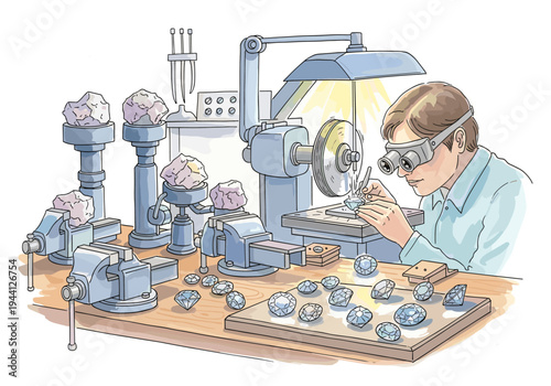Skilled jeweler meticulously cuts and polishes a diamond with precision tools under bright light
