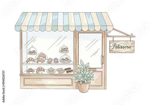 Charming patisserie storefront with a display of delicious French pastries and baked goods