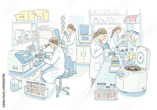 Scientists working in a modern laboratory with advanced equipment and test tubes
