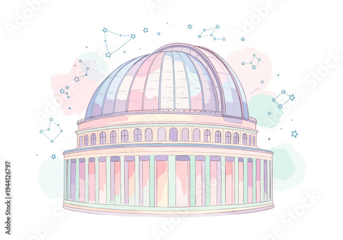 Whimsical observatory dome with constellations and pastel watercolor splashes