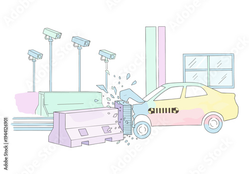 Car crash test dummy vehicle collides with barrier, observed by security cameras