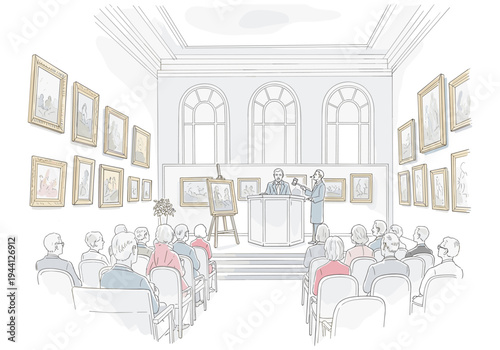 Art auction in progress with auctioneer and audience viewing paintings on display