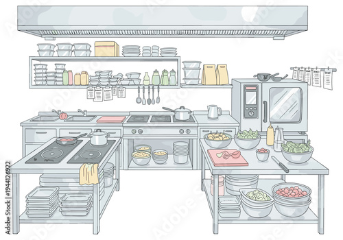 Commercial kitchen interior with cooking equipment, ingredients, and organized storage