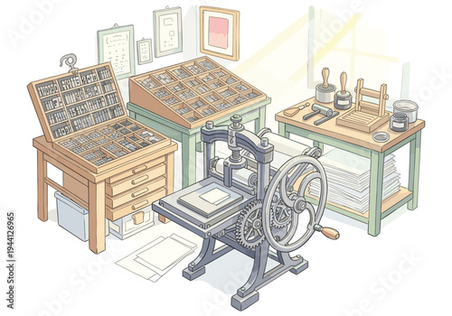 Vintage letterpress printing workshop with antique press and type drawers