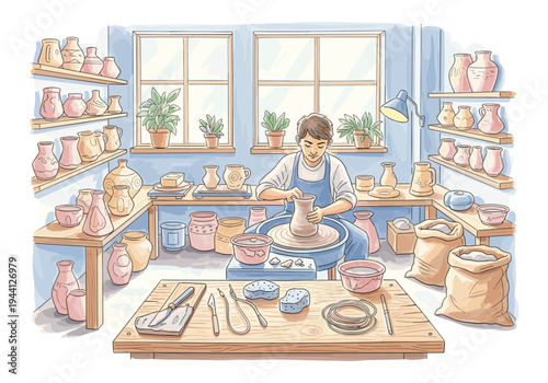 Artist skillfully shaping clay on a pottery wheel in a bright, well-stocked studio