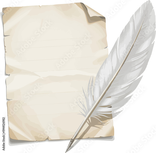 Isolated a realistic Blank paper and feather vector art with white background..