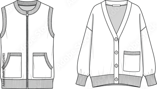 Women's knitwear set technical sketch featuring zip up vest and buttoned cardigan fashion template, apparel mockup, cad drawing flat vector illustration
