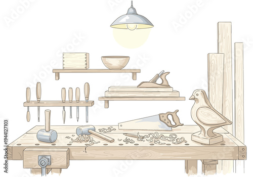 Woodworking workbench with tools, unfinished bird carving, and wood shavings