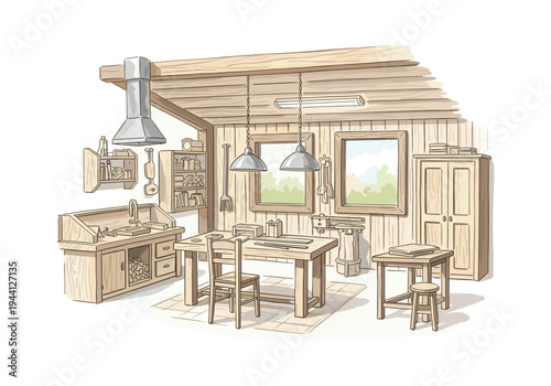 Cozy woodworking workshop interior with tools, workbench, and natural light from windows