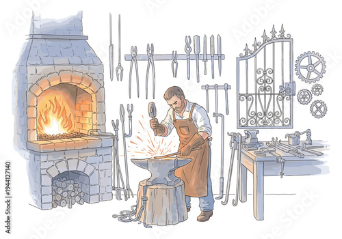 Blacksmith working at anvil with hammer and forge, sparks flying, detailed workshop scene