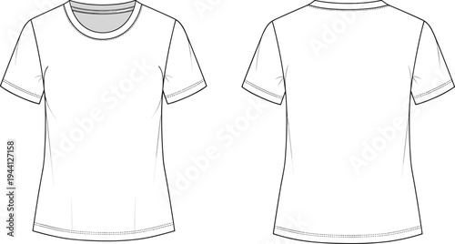 Women's slim fit t-shirt technical sketch front and back view, basic crew neck tee fashion template for design mockup, cad drawing flat vector illustration