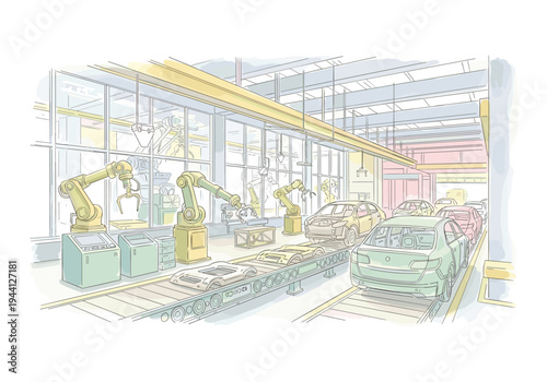 Automated car manufacturing assembly line with robotic arms and car bodies on conveyor belts