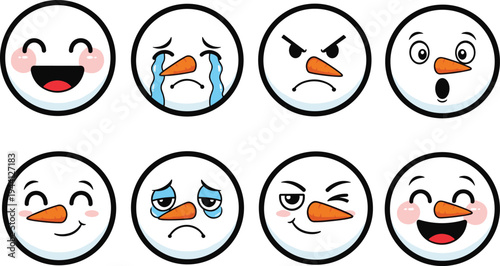 cute snowman emoji face set with different emotions, winter character icons collection, funny christmas snowman expressions vector illustration