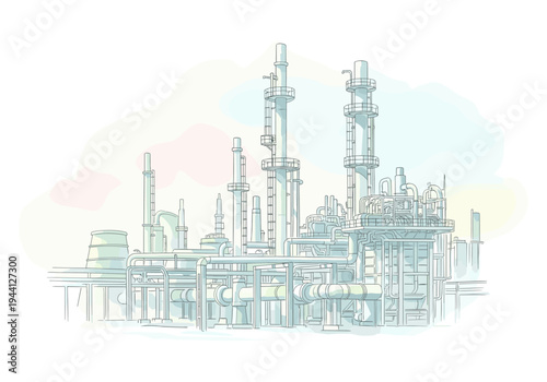 Industrial refinery complex with towering distillation columns and intricate pipe systems, rendered in a clean line art style