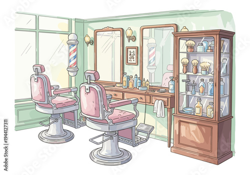 Vintage barber shop interior with pink chairs, mirrors, and display cabinet