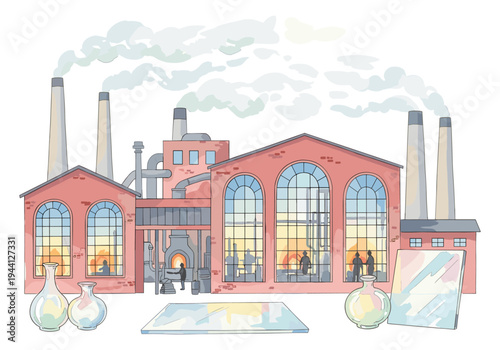 Vintage glass factory with smoking chimneys and artisanal glassblowing process shown