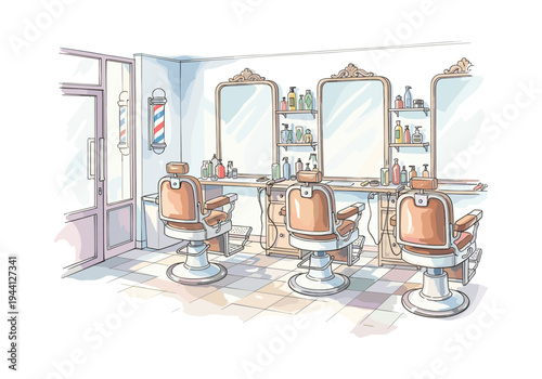 Cozy barber shop interior with vintage chairs and mirrors, ready for clients