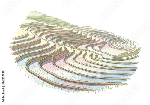 Artistic watercolor illustration of lush green rice terraces cascading down a hillside