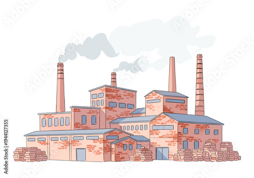 Cartoon illustration of a brick factory with smoking chimneys and stacks of materials