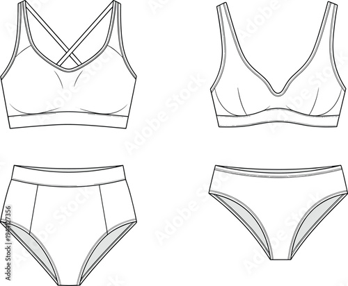 Women's sports bra and panties lingerie set technical sketch, activewear underwear fashion template for design mockup, cad drawing flat vector illustration
