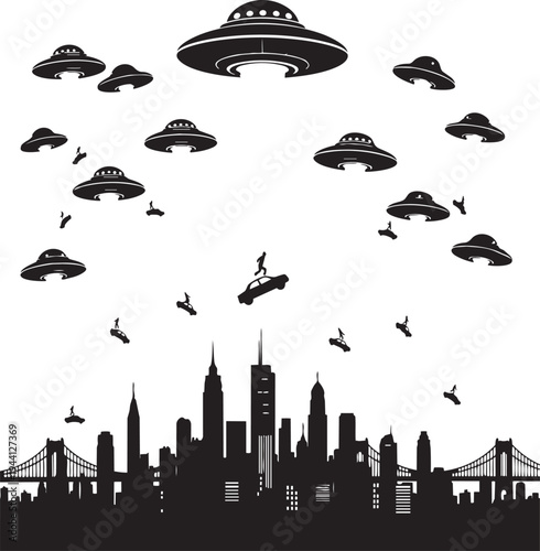 Seamless vector illustration set of a black UFO silhouette over a cloudy city sky design featuring a cartoon art pattern and weather elements