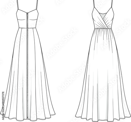 Women's evening maxi dress technical sketch front and back view, elegant long gown fashion template for design mockup, cad drawing flat vector illustration