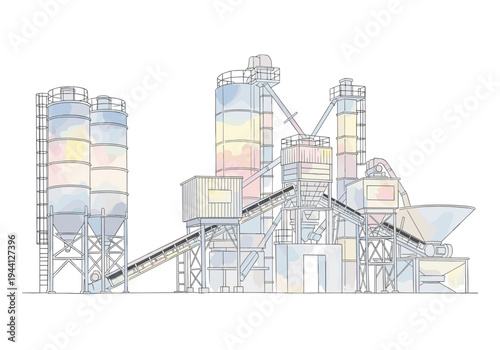 Illustration of a modern concrete batching plant with colorful details