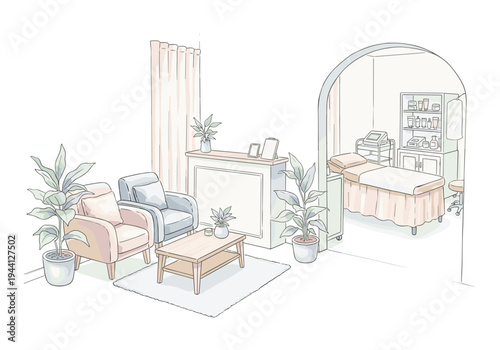 Cozy spa reception area with treatment room visible through an archway