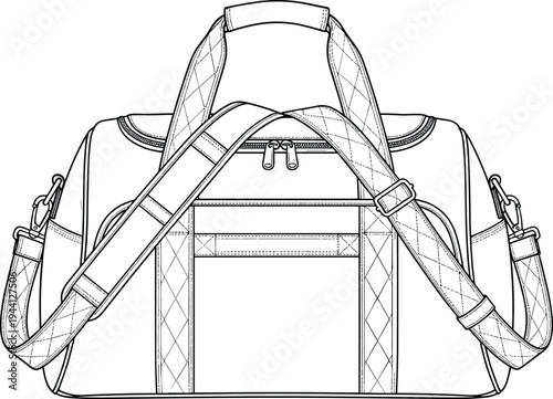 Quilted Duffel Bag Flat Sketch, Travel Weekender Bag Technical Drawing, Sports Gym Bag Vector Template, Accessories Fashion Design CAD Illustration