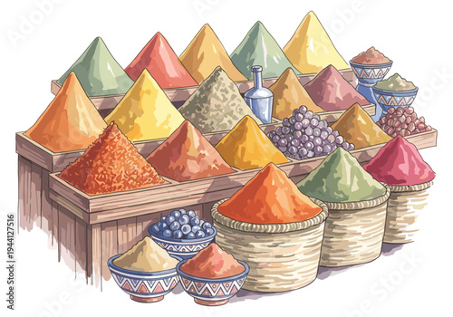 Colorful piles of spices and herbs displayed in wooden crates and baskets at a market